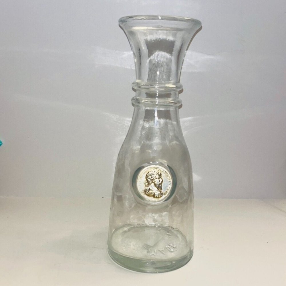 Vtg Wine Clear Glass Carafe Decanter Raised Faux Antique Gold Finish Medall Rare